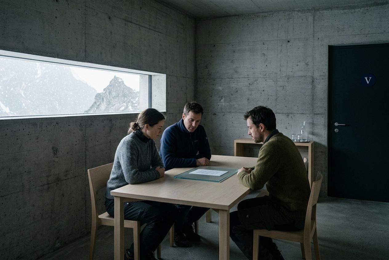 Three staff at a pale wood table in a concrete room with a narrow snow-lit slot window, one glass slate flat between them.