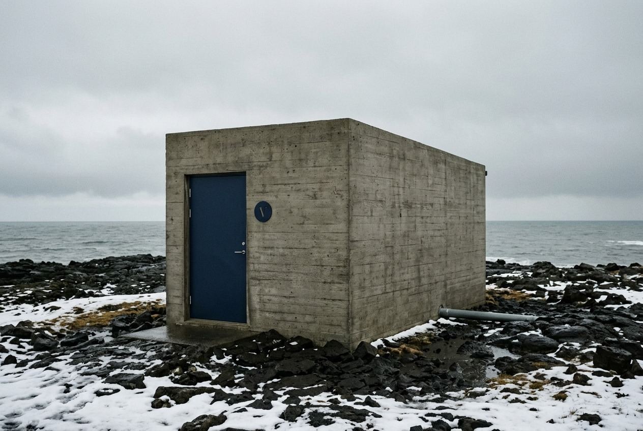 A low windowless concrete cable landing station on a black volcanic shore, conduit running into the ground toward a grey sea.