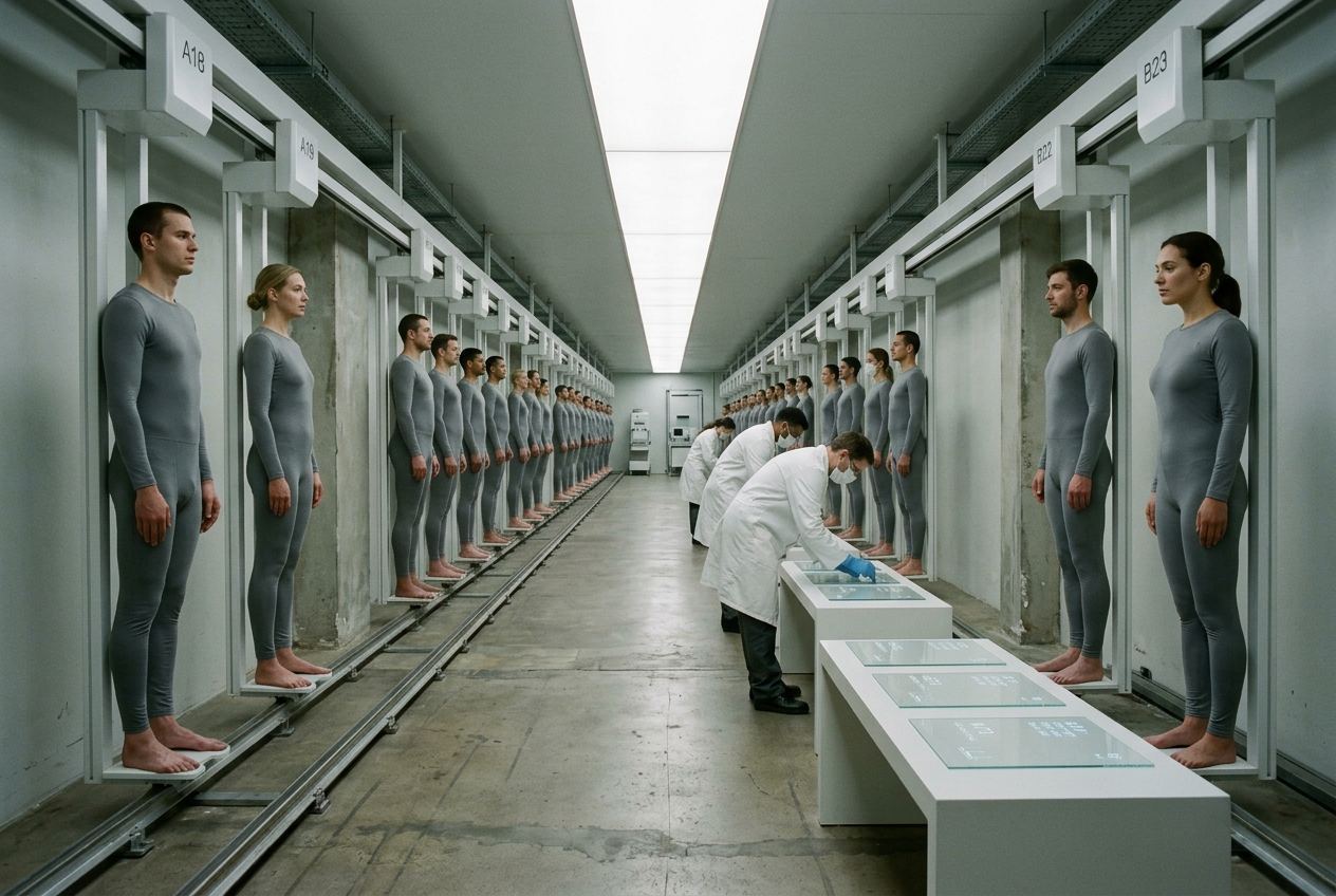 Two receding rows of figures in grey base layers on floor rails, attended by technicians at low white benches.