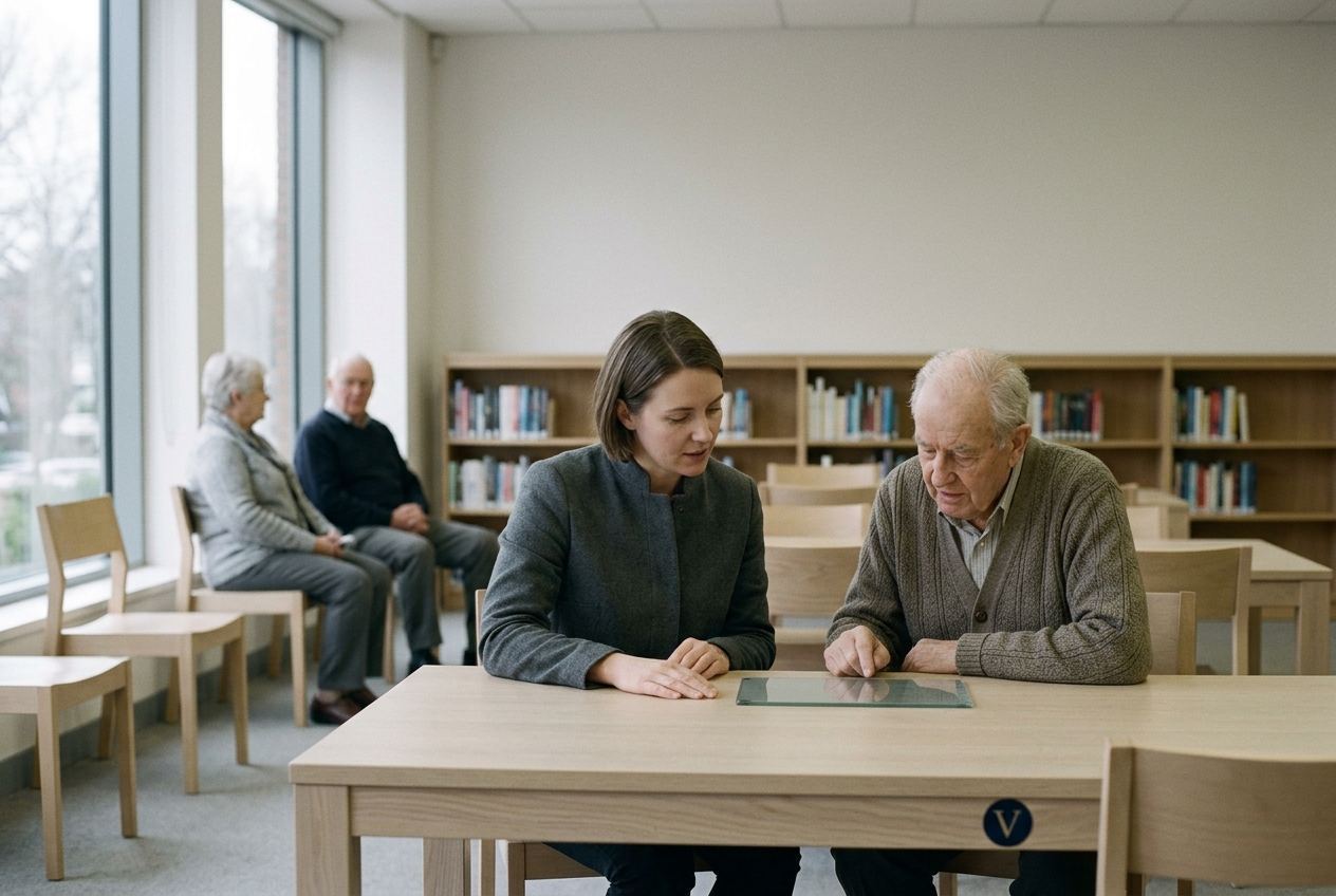 A caseworker sitting beside an elderly man at a pale wood table in a library reading room, a thin glass slate lying flat between them.