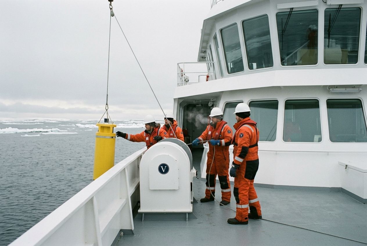 Crew in orange survival suits lowering a yellow instrument mooring over the stern of a research vessel in grey seas, pack ice beyond.