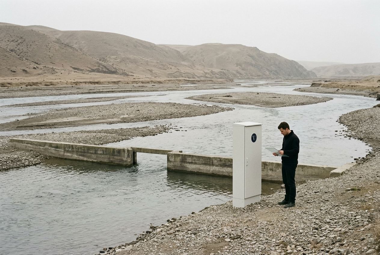 A low concrete measuring weir across a wide braided river at low water, with a white instrument cabinet on the gravel bank and one engineer beside it.