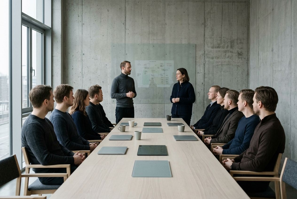 Colleagues along a long table at an internal briefing.