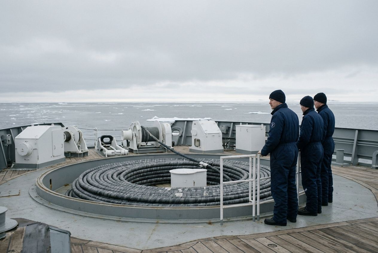 The aft deck of a cable ship with a circular tank of coiled cable and crew in dark coveralls at the rail, ice floes on flat grey water beyond.