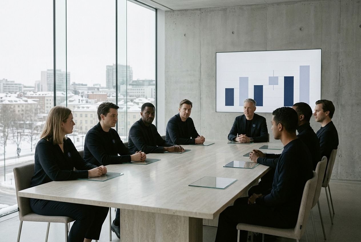 An investment committee around a long stone table before a seamless wall panel showing a milestone chart.
