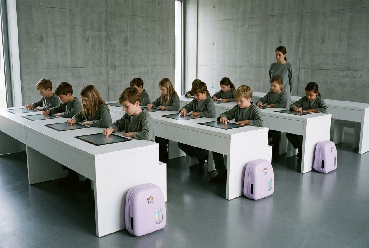 Children working with their fingertips on dark glass desk surfaces, two small moulded school packs standing on the floor beside them.