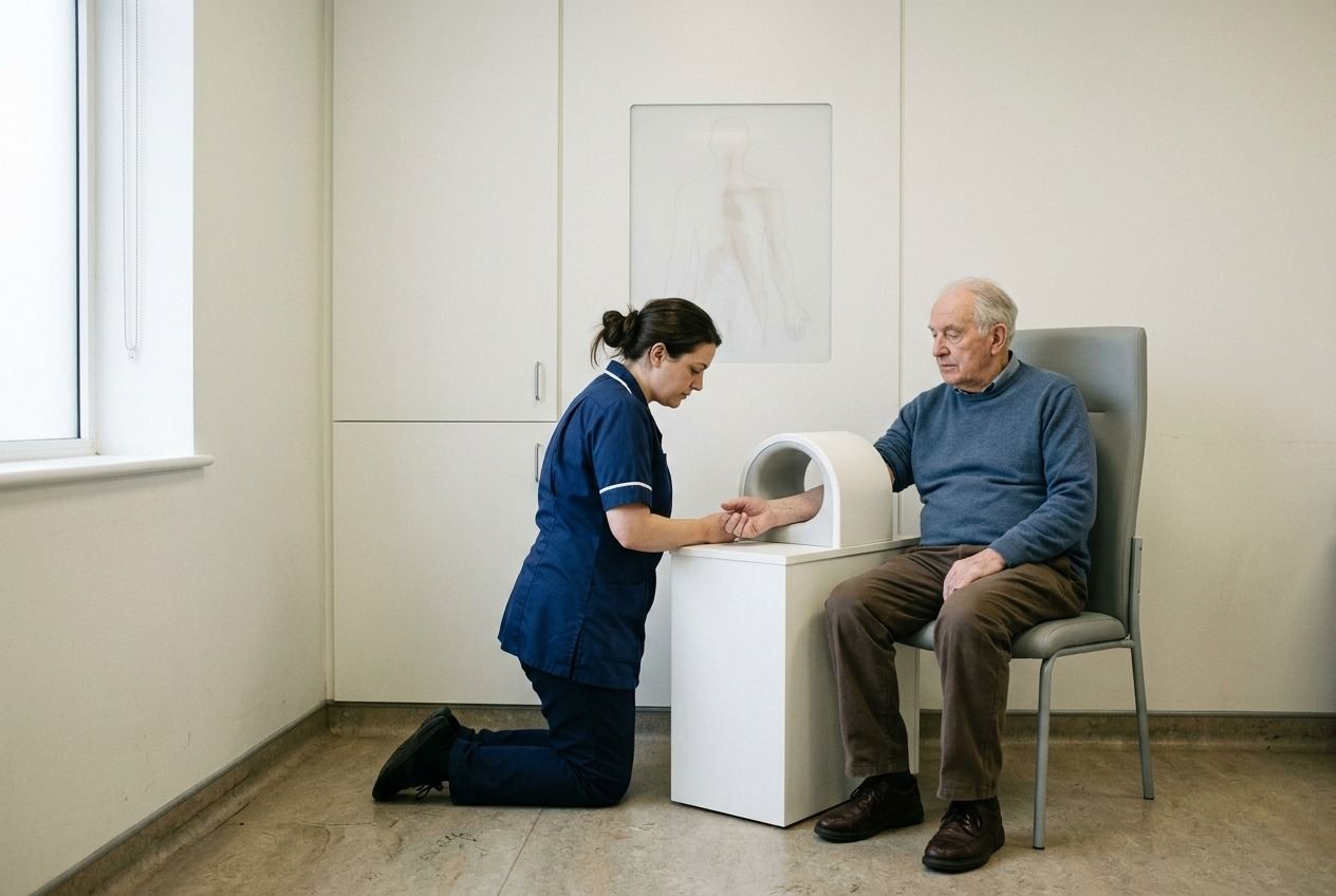 A nurse kneeling beside an elderly patient whose forearm rests in a white diagnostic arch.