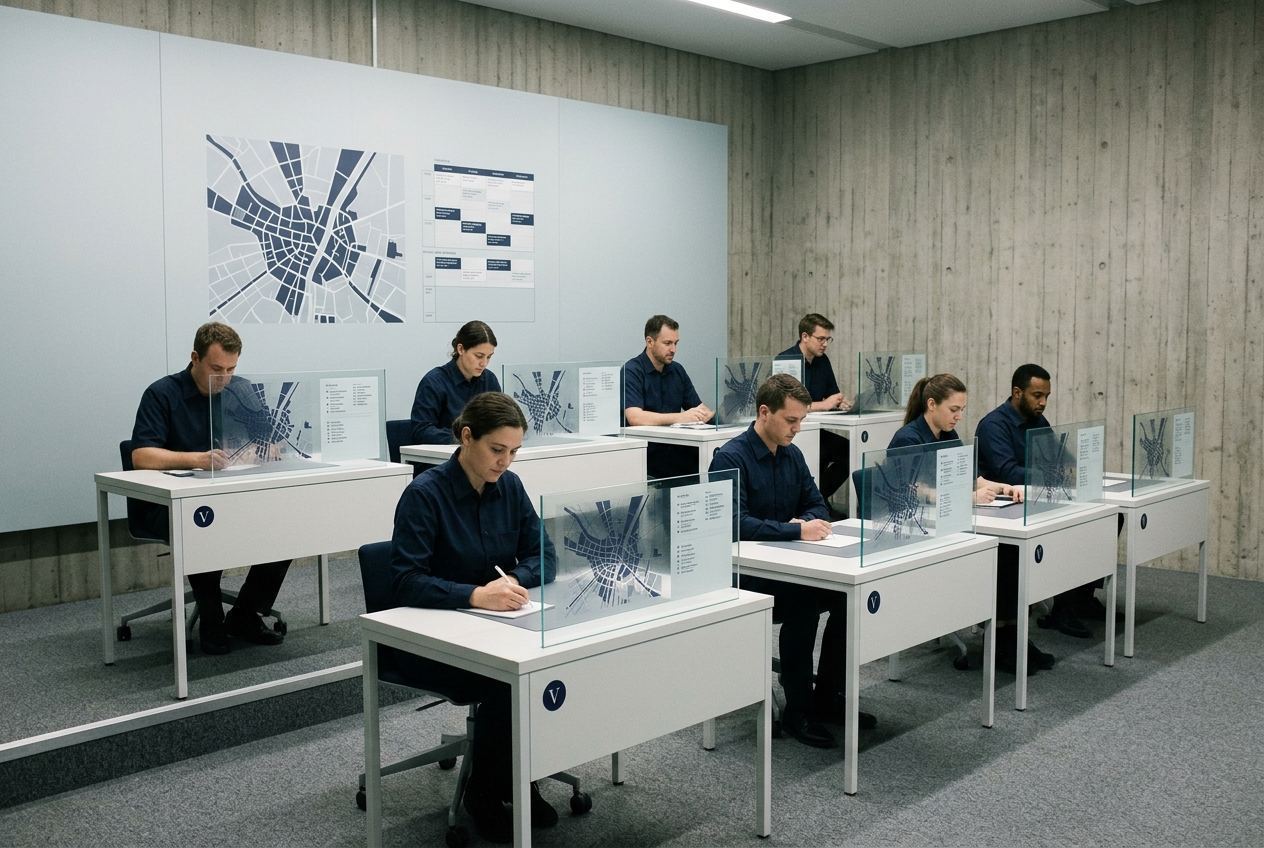 Coordination staff at slim white desks with single edge-on glass panels, before a wide seamless wall map.