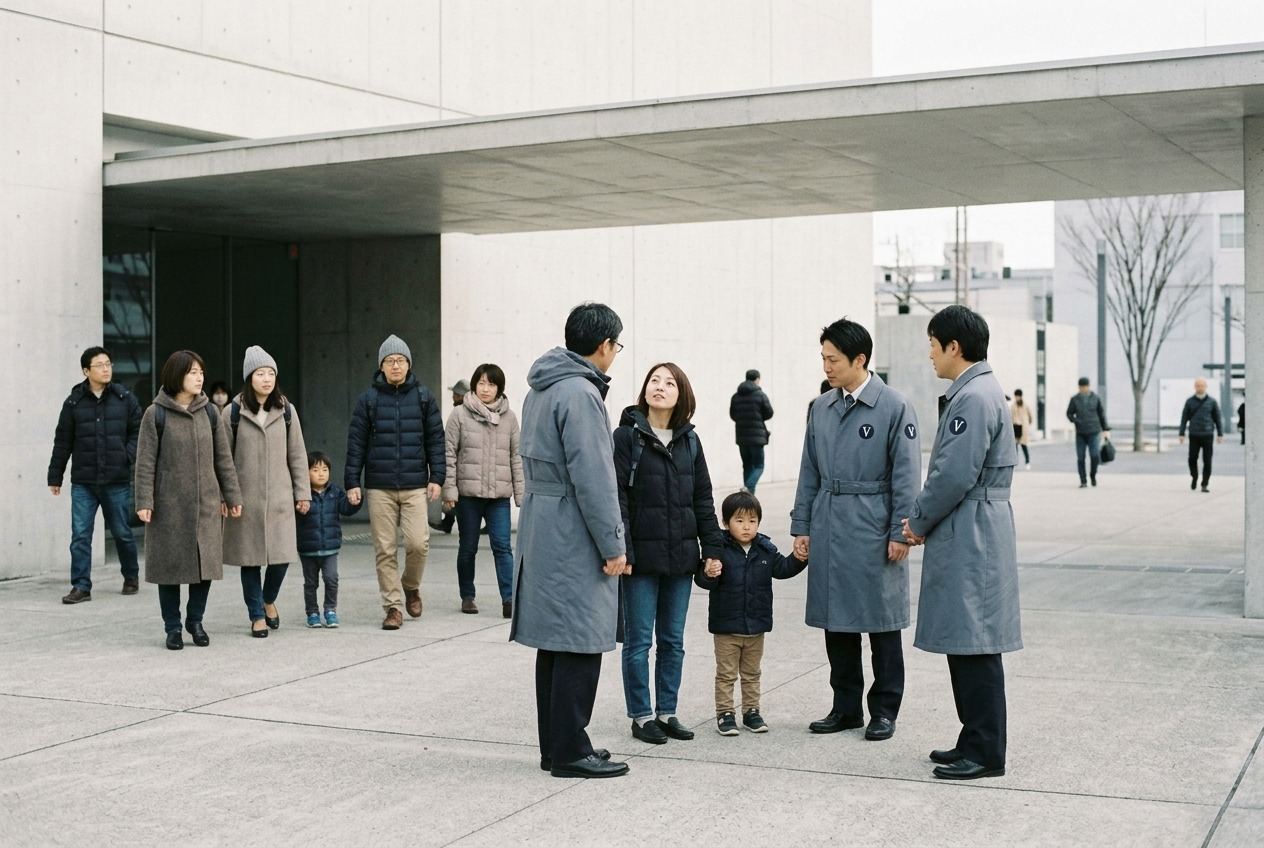 Families and city staff under a low canopy on the paved forecourt of a Japanese civic building.