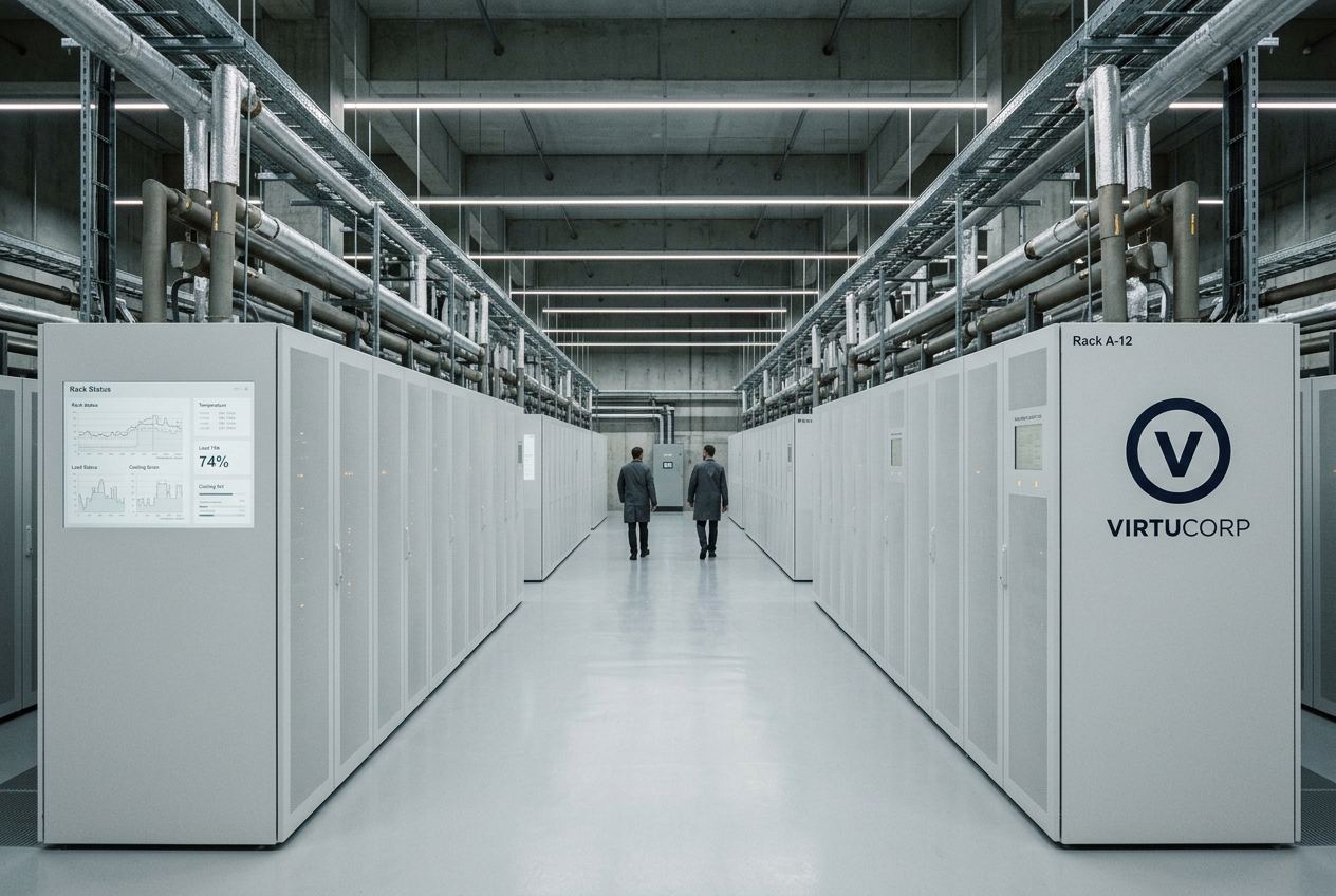 Two colleagues walking a long aisle between sealed white equipment cabinets in a concrete hall.