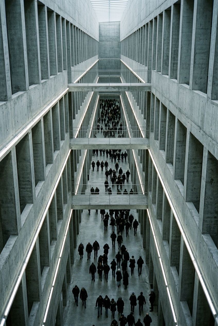 Employees crossing an internal concourse several storeys deep.