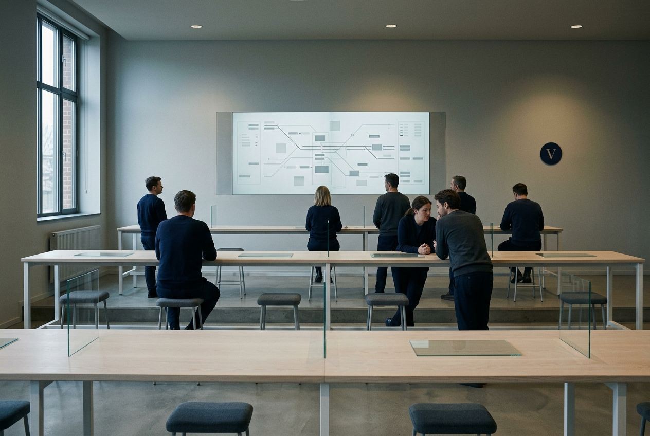 Operators at slim desks on stepped tiers before a wide wall of schematic maps.