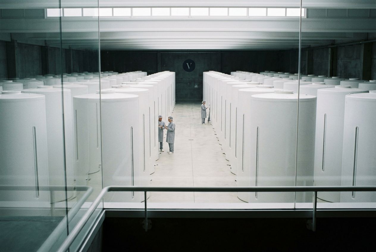 Two long rows of tall sealed white cultivation vessels in a hall, seen through the glass of a raised observation gallery.