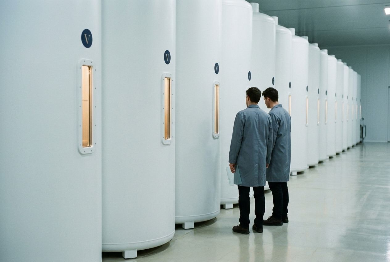 A row of tall sealed white vessels with narrow observation windows, attended by two technicians in grey coats.