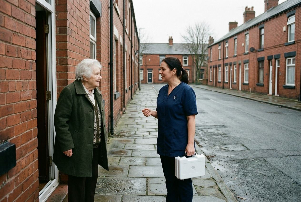 An elderly woman in her doorway on a red-brick terraced street talking to a care worker carrying a small sealed white case.