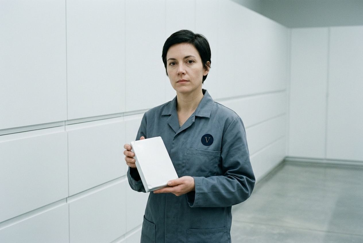 An engineer in a grey work coat holding a sealed white instrument module before a wall of flush storage fronts.