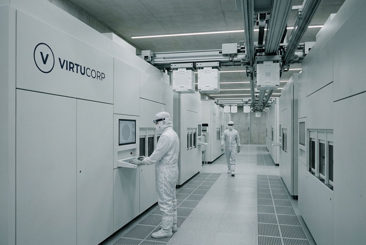 Operators in sealed white cleanroom suits at a sterile production tool with overhead automated transport.