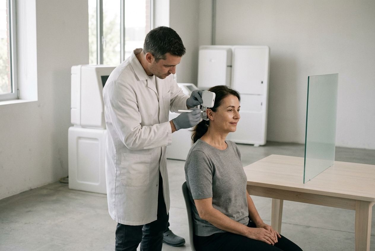 A technician in a white coat working at the side of a seated woman's head with a small service module open behind her ear.