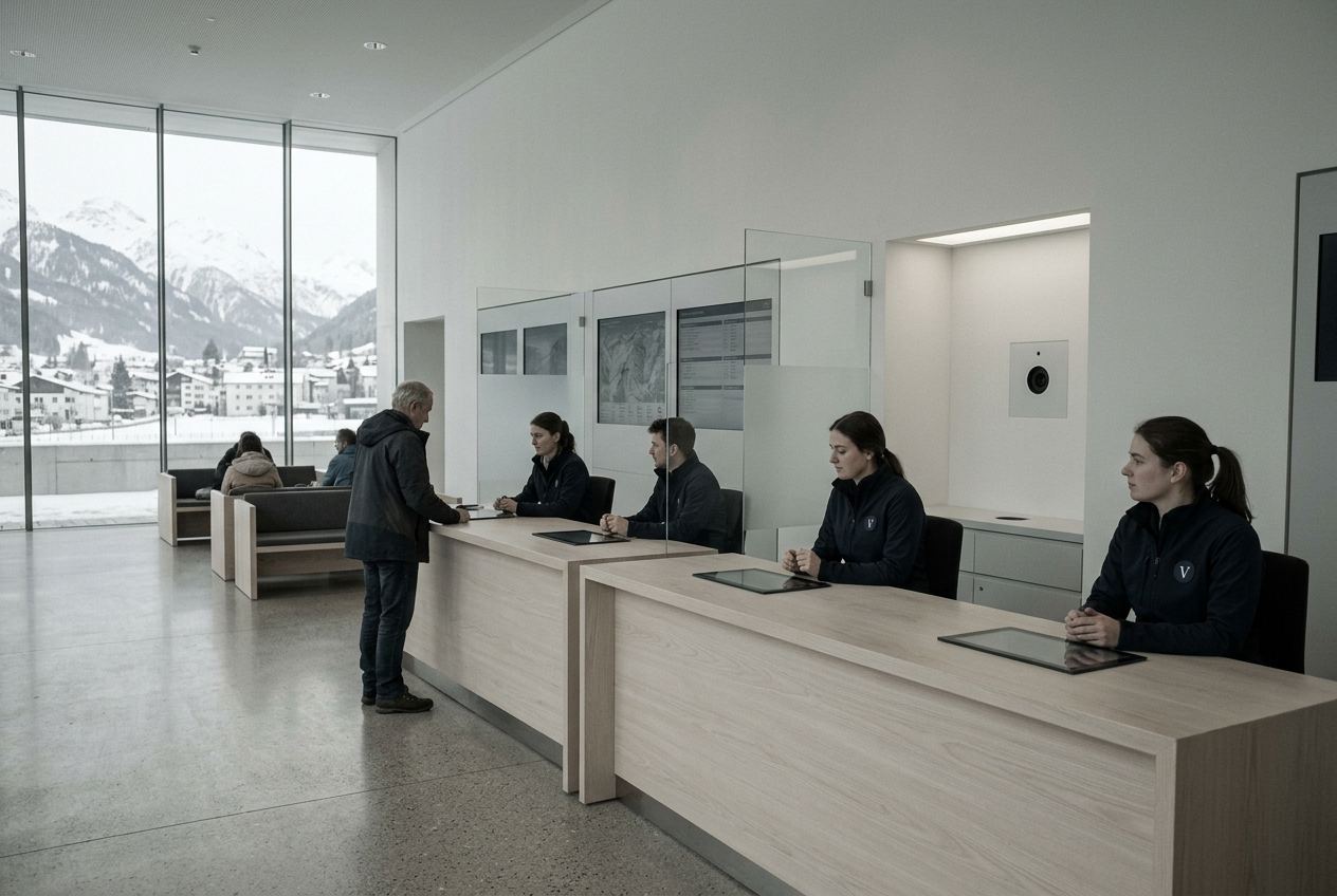 Four pale ash counters with volunteers in dark navy softshell jackets behind them, flat glass slates at each position and snow-covered mountains through tall glass.