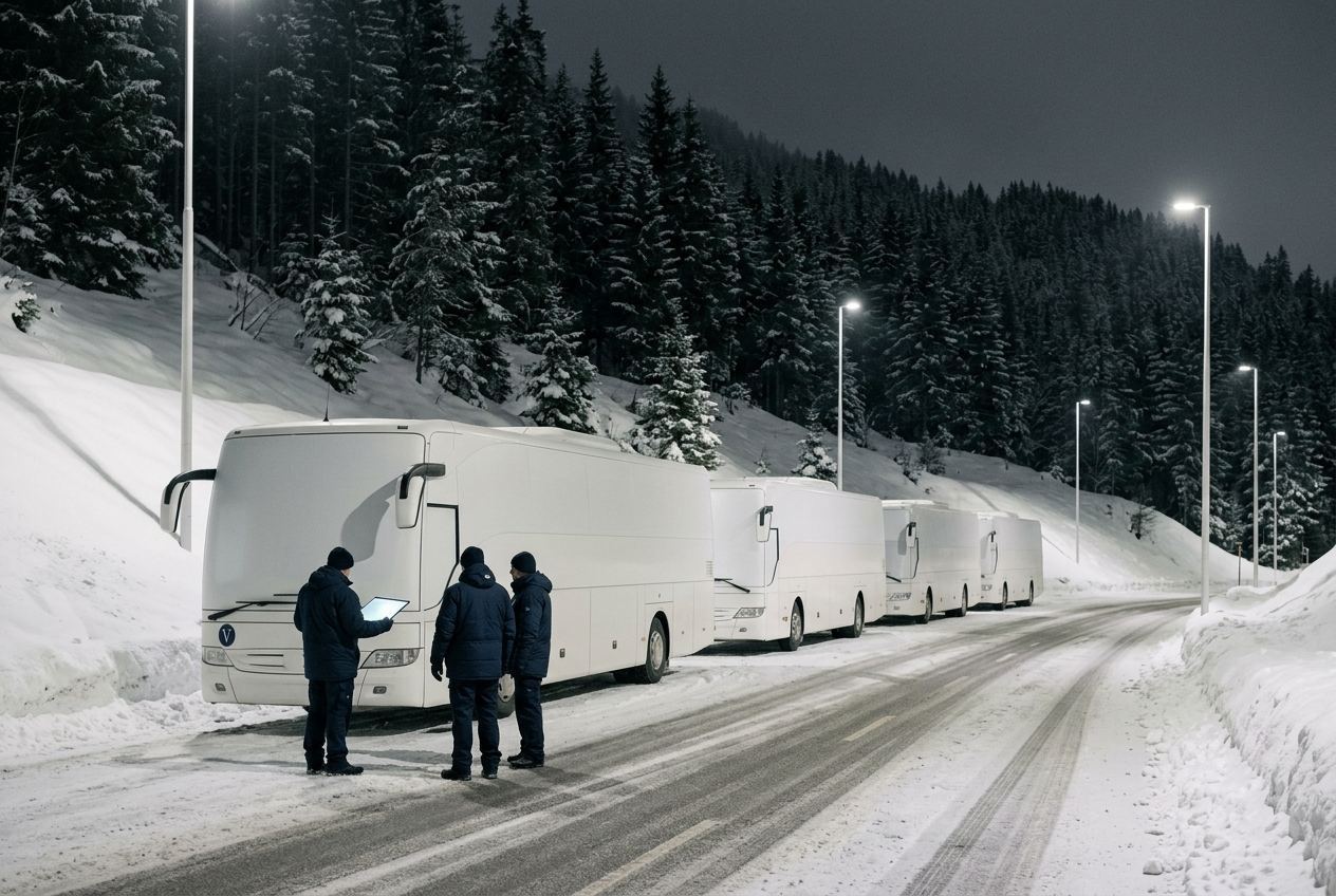Four plain white coaches nose to tail on a snowy mountain access road at night, three marshals in dark navy jackets at the roadside.