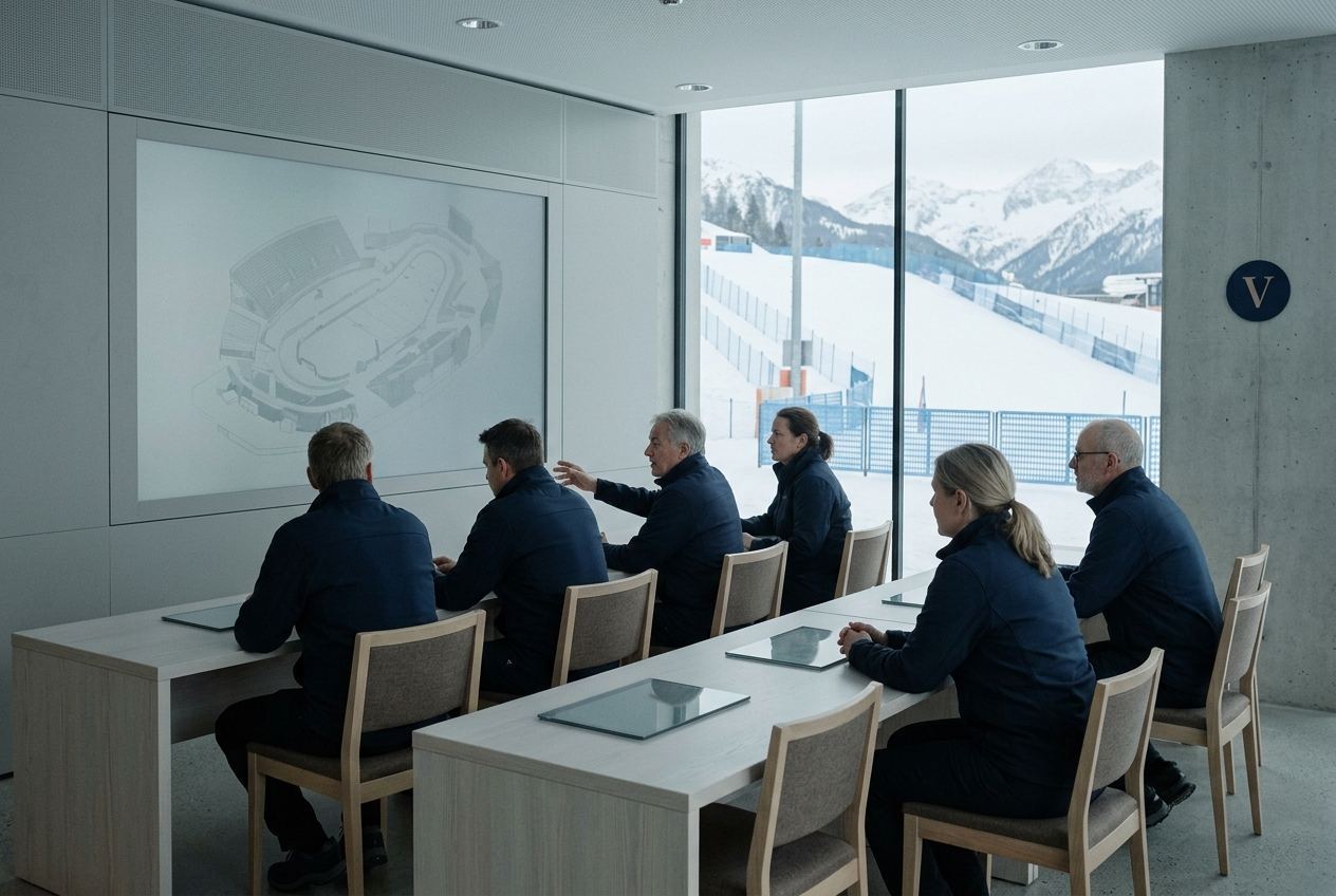 Venue staff at two long pale desks facing a flush wall panel, a snowy competition slope beyond the glass.