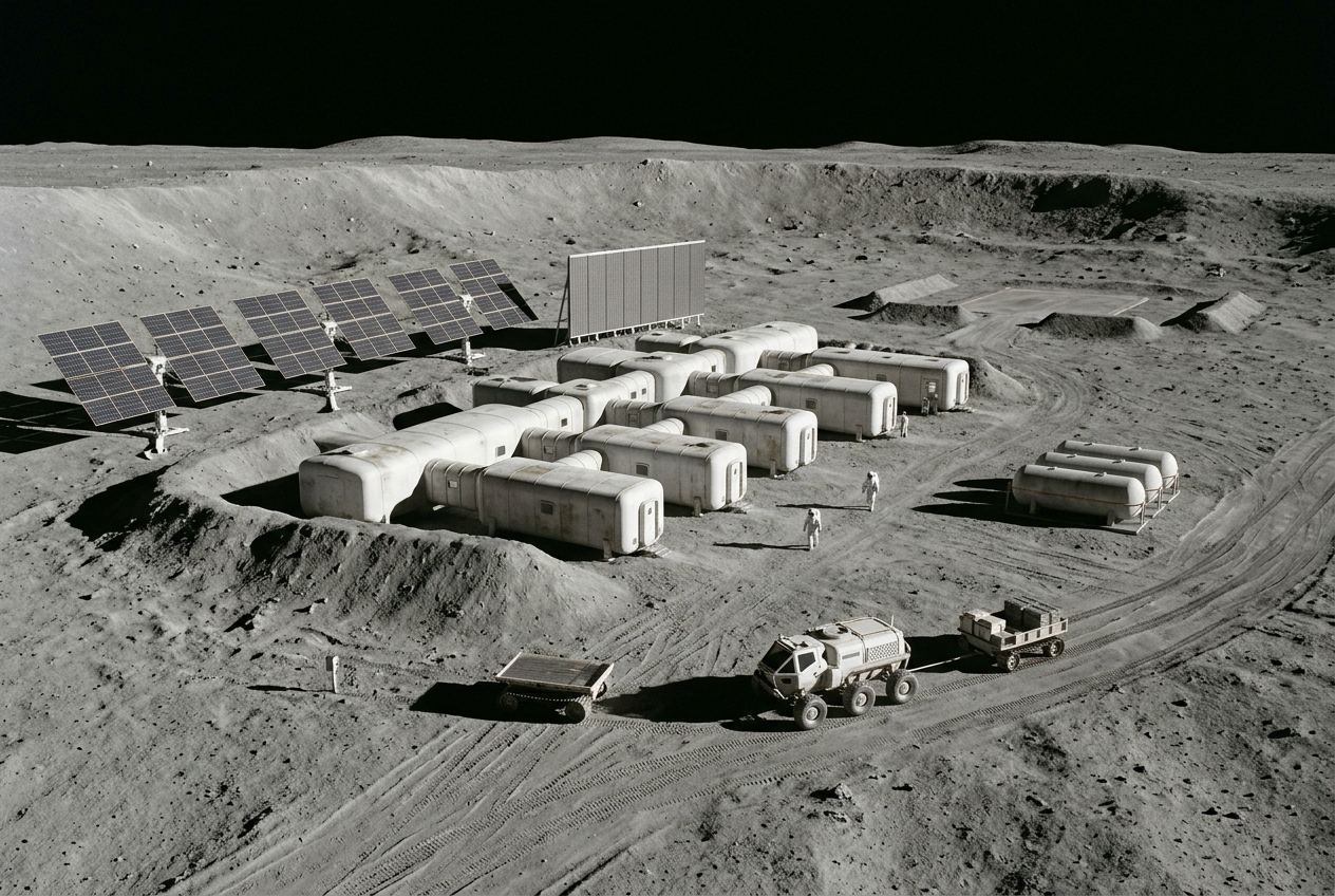 A built-out lunar base at a crater rim: two rows of sealed white modules with regolith berms, solar array wings, a radiator wall, a pressurised rover and a tracked hauler on a graded road.