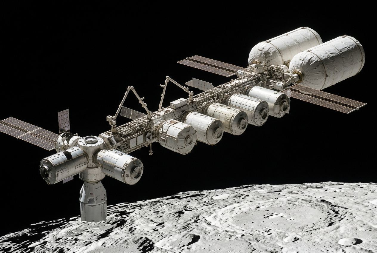 A long orbital depot on a truss spine with six berthed cargo modules, two insulated propellant tanks, four solar array wings and a logistics vehicle docked at the crew node, the cratered lunar surface below.