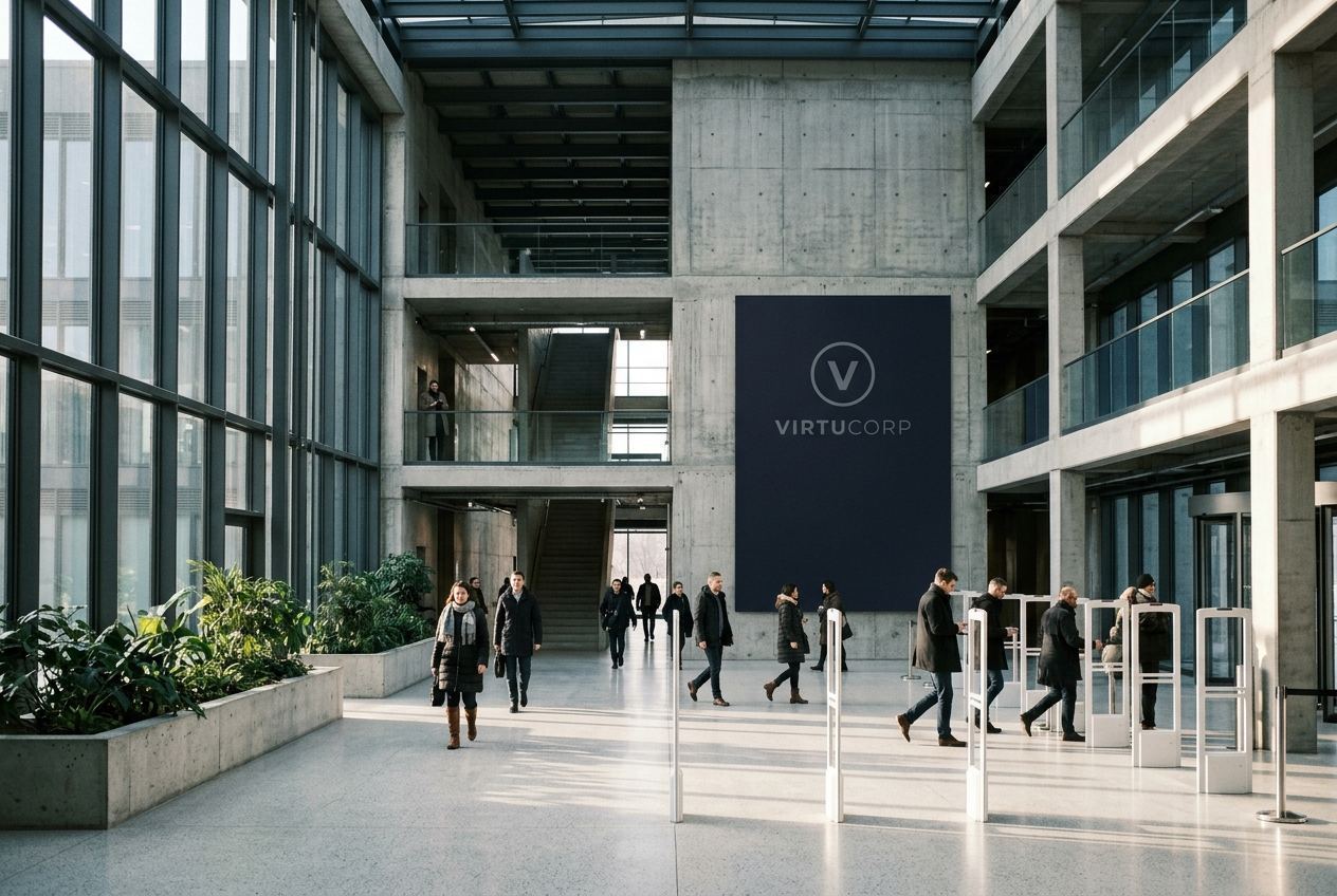 Employees crossing a wide office atrium beneath a large information wall.