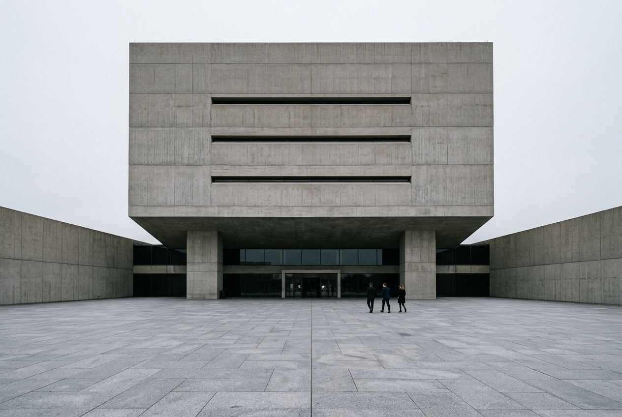 A large concrete office building above a paved forecourt.