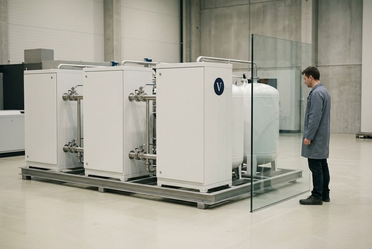 A skid-mounted propellant plant of white process modules, catalyst columns and cryogenic tanks.
