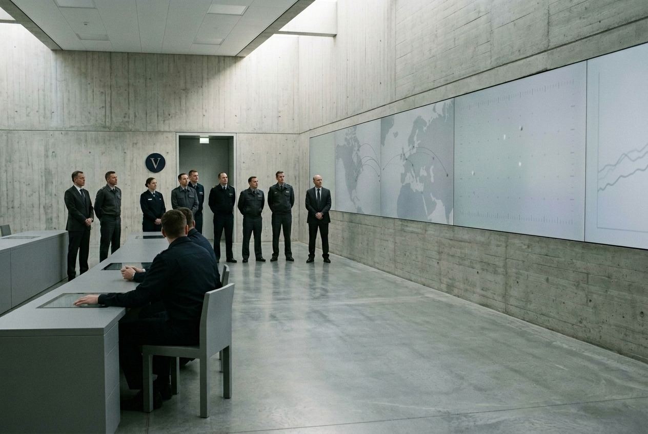 Officers of several services and civilian officials standing back from a run of flush display panels carrying coastlines, arcs and drift plots in a long concrete room, two operators seated at a low desk.