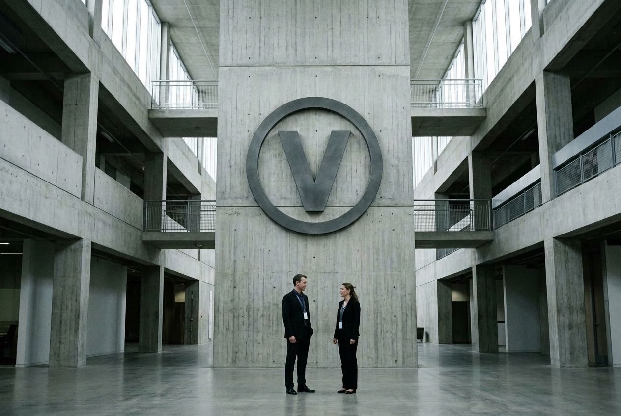 Two colleagues talking in a large concrete concourse beneath the company mark.