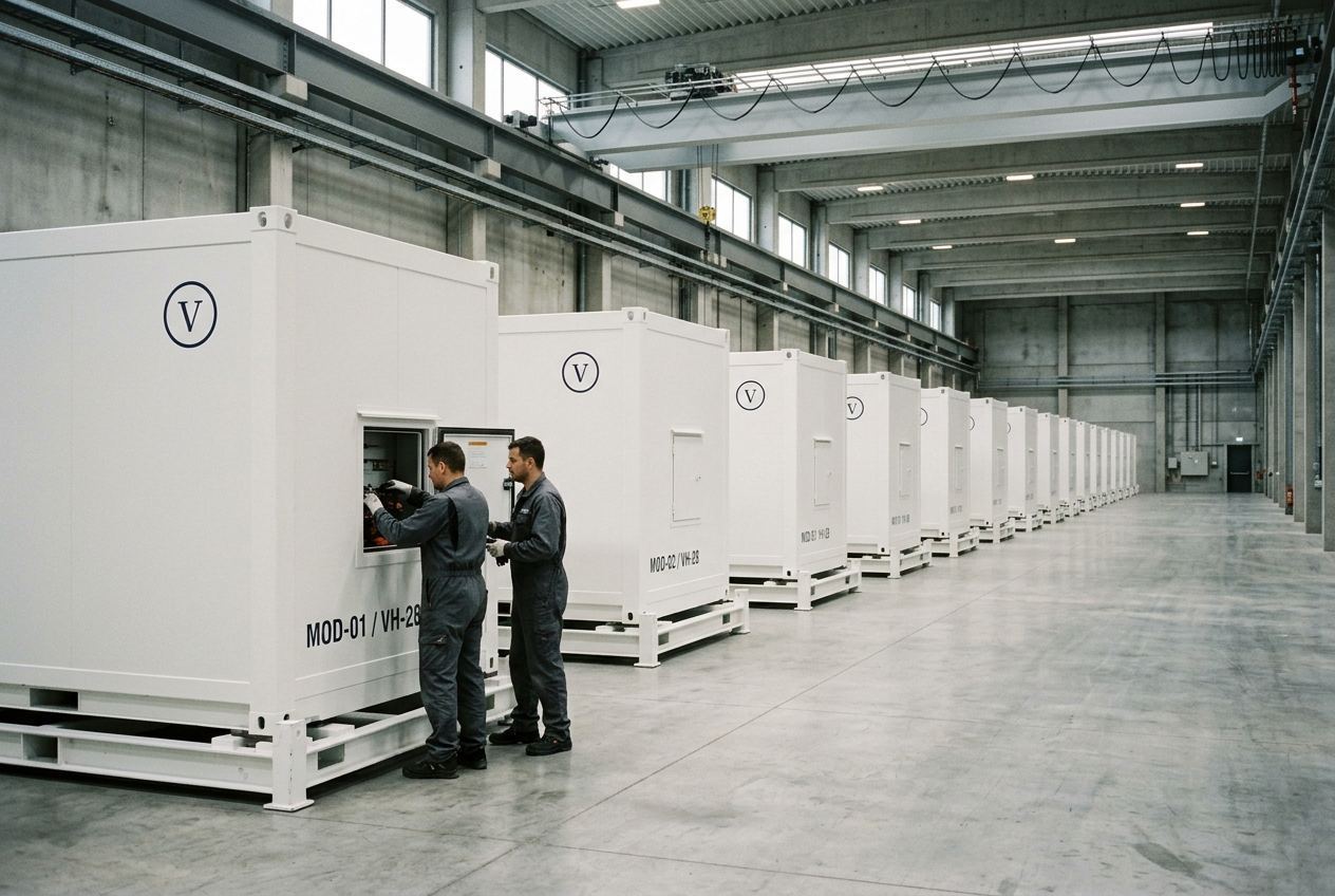 A receding row of identical sealed white cargo modules on low transport cradles in a concrete hall, two technicians at the nearest open hatch.