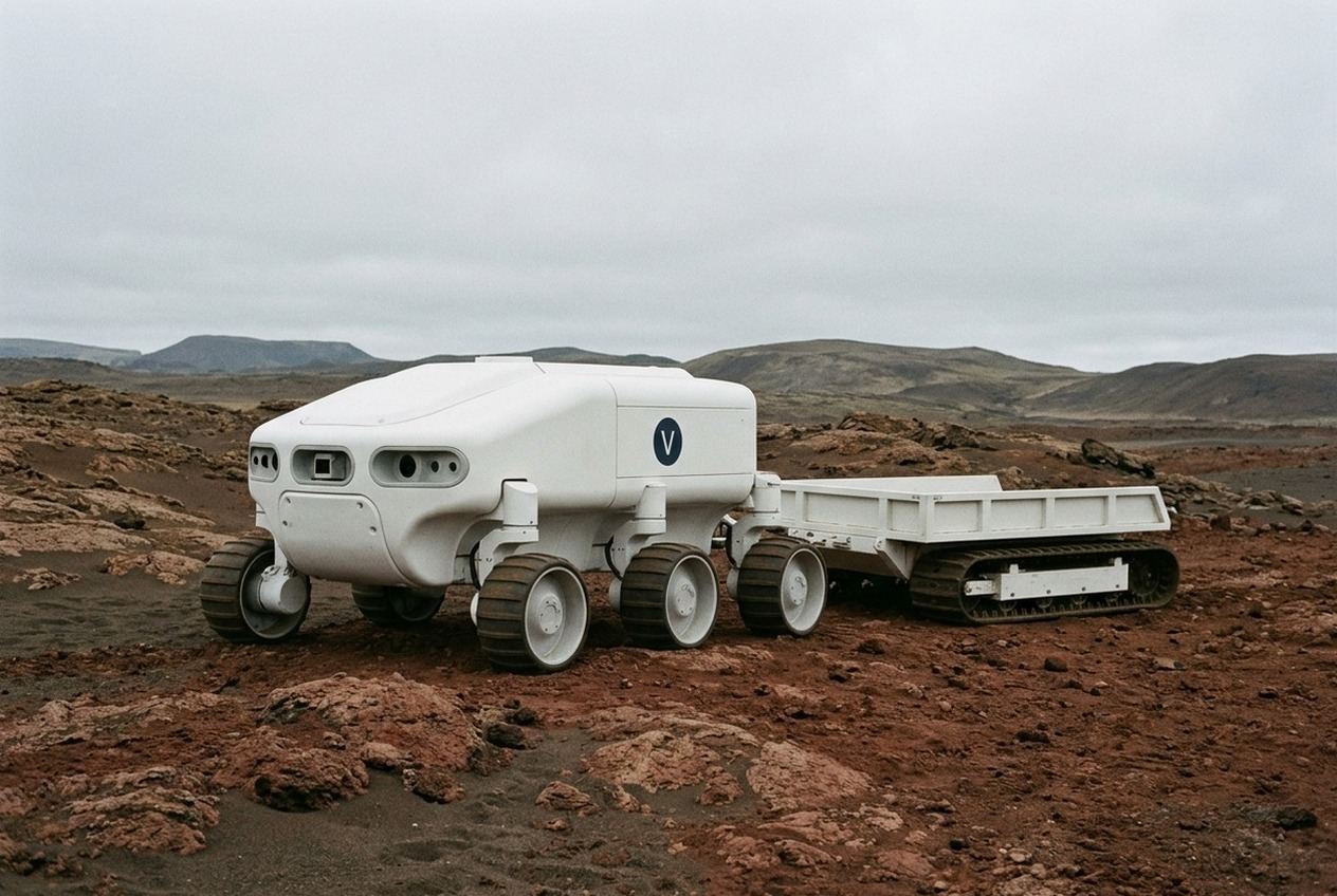 A white six-wheeled rover carrying the company mark, parked beside a low tracked cargo skid on rust-red analog terrain under an overcast sky.