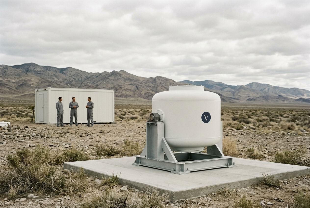 A squat white modular power article clamped into a steel test stand on a concrete pad in high desert, engineers standing well back by a low instrument cabin.