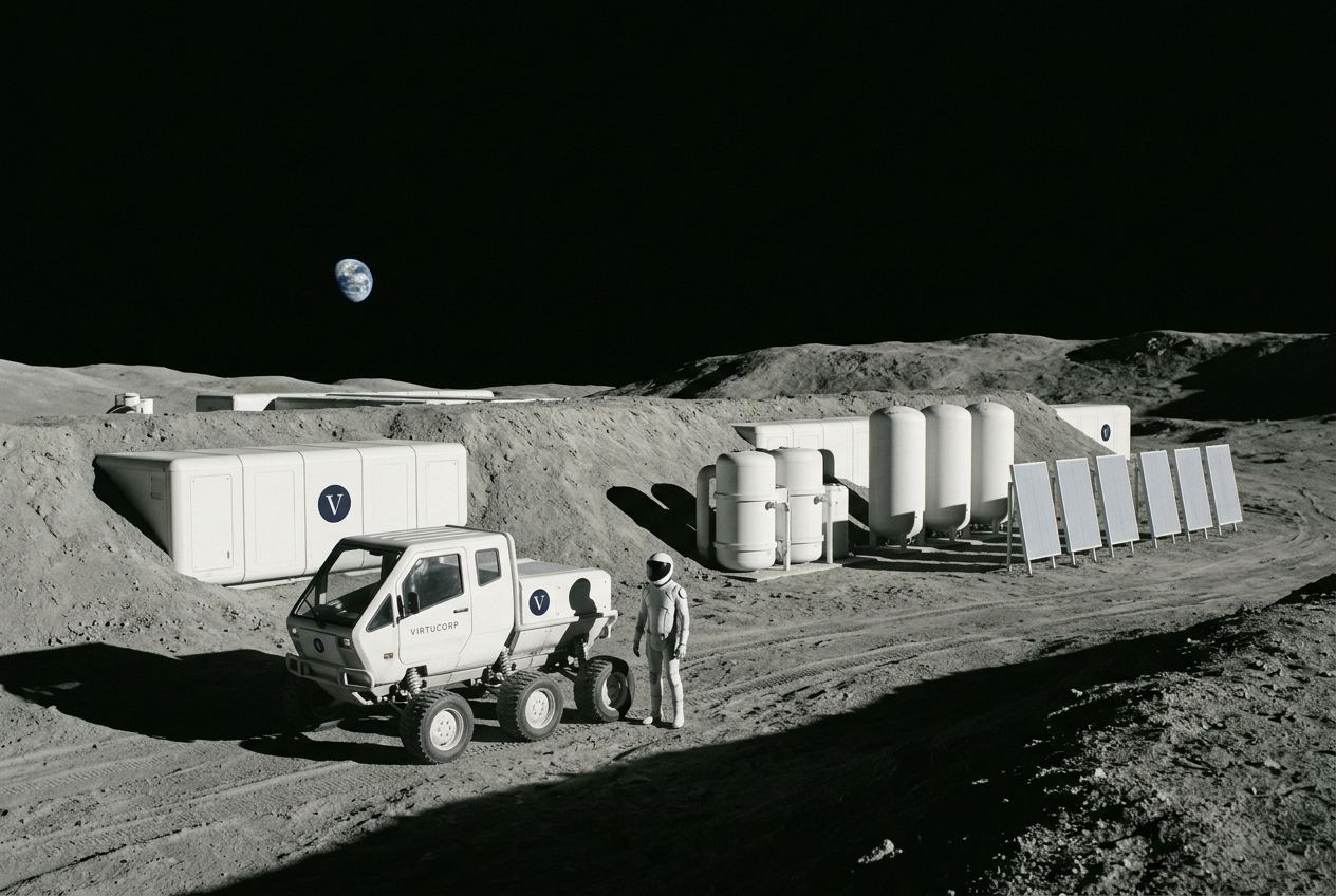 A permanent lunar base under bulldozed regolith shielding, with an ice extraction plant, cryogenic tanks, radiators and a service rover, the Earth low on the horizon.