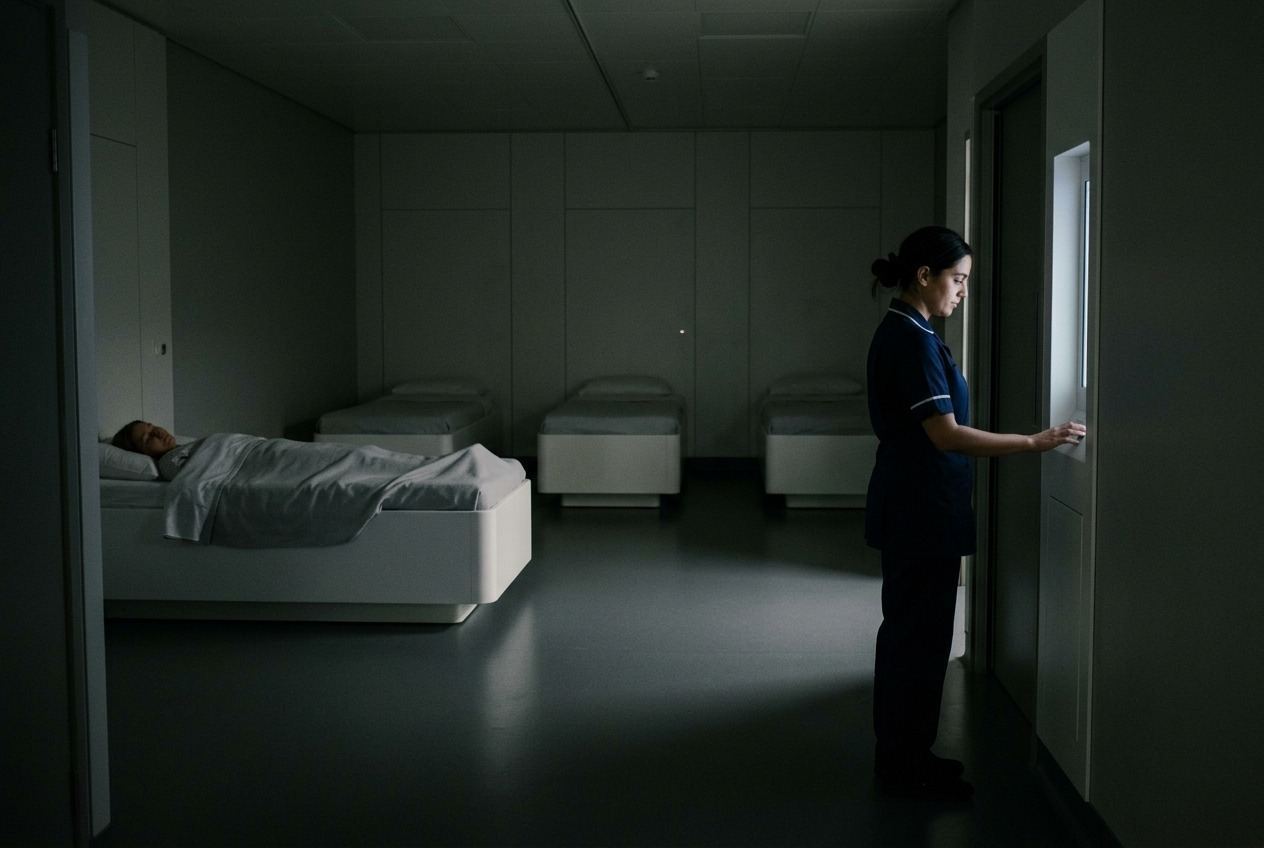 A nurse at the entrance of a darkened four-bed bay at night, checking a slim white monitoring column.