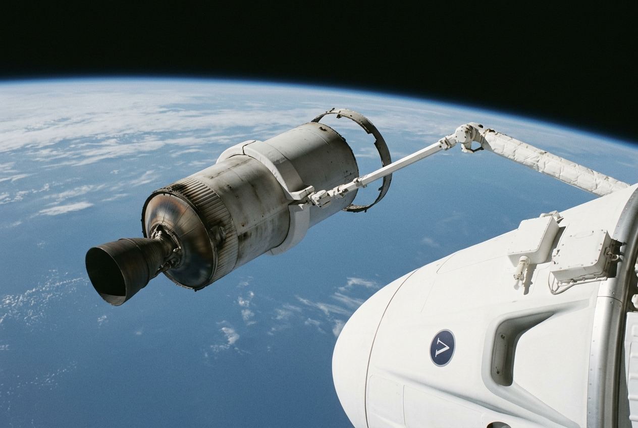 A scorched derelict rocket stage held a few metres off a capture arm, the blue limb of the Earth below.