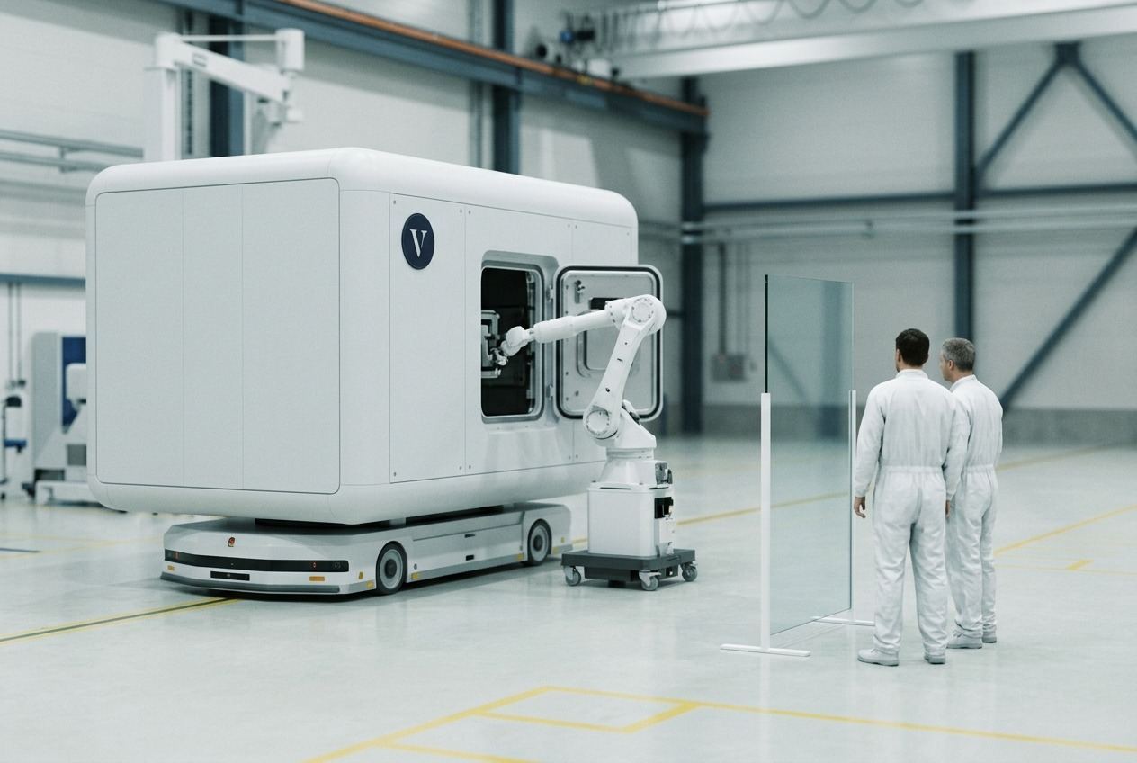 A large white cargo module on an autonomous transporter with a robotic arm at its access hatch in an integration hall.