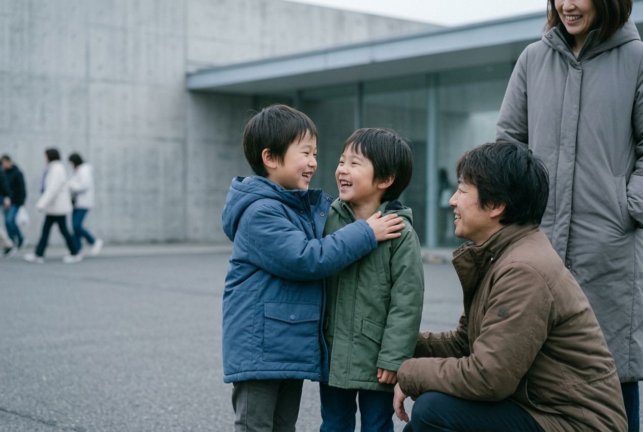 Two children laughing together on a forecourt while an adult crouches beside them and a member of staff stands behind, smiling.