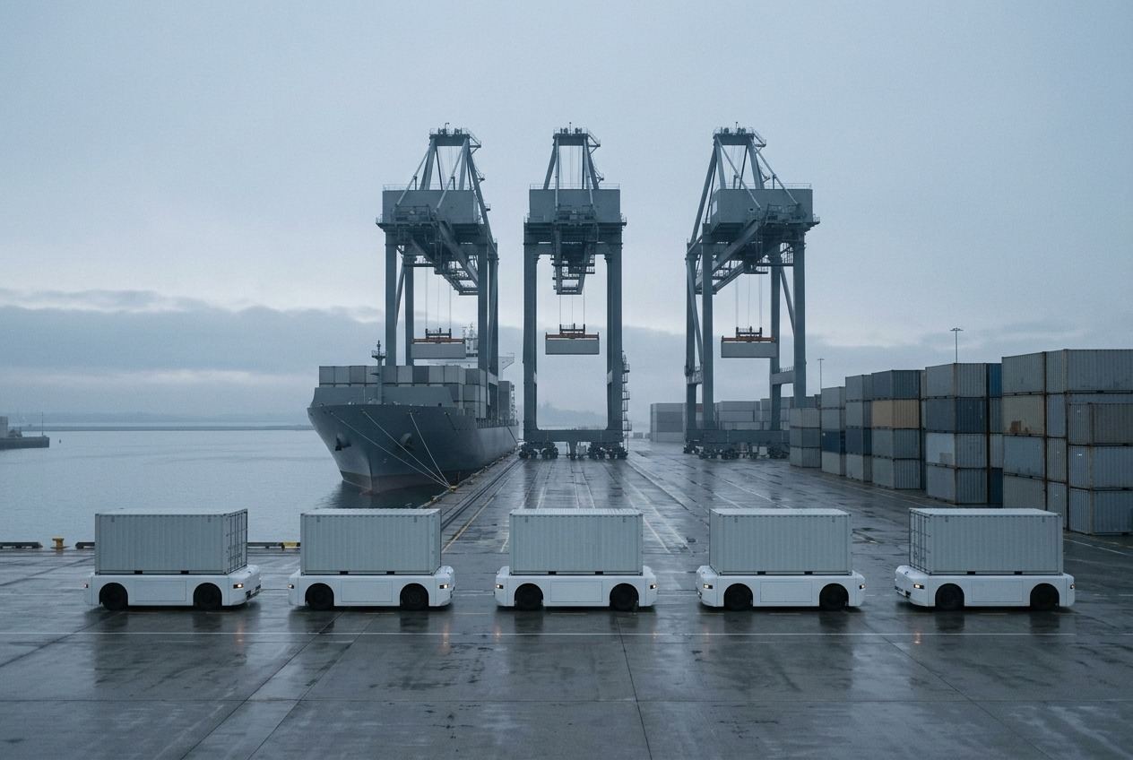 Gantry cranes over a plain dark hull, with a line of low white driverless terminal transporters each carrying one container.