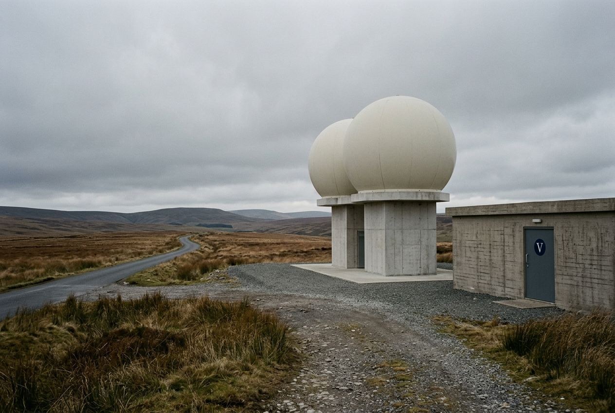 A smooth off-white radome on a clean concrete pedestal beside a low equipment building on open moor.