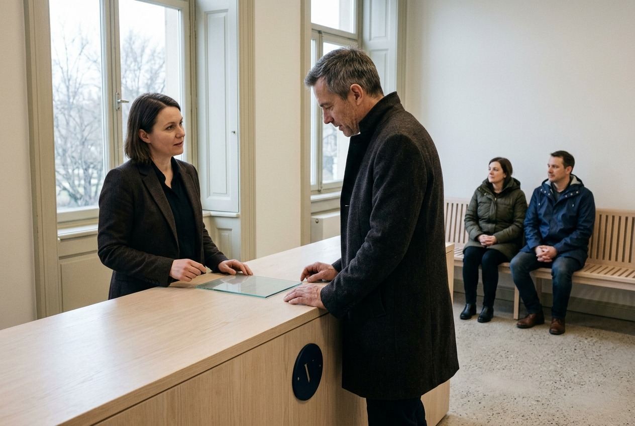 A registrar at a pale wood counter serving a man in a dark winter coat, one glass slate on the counter between them.