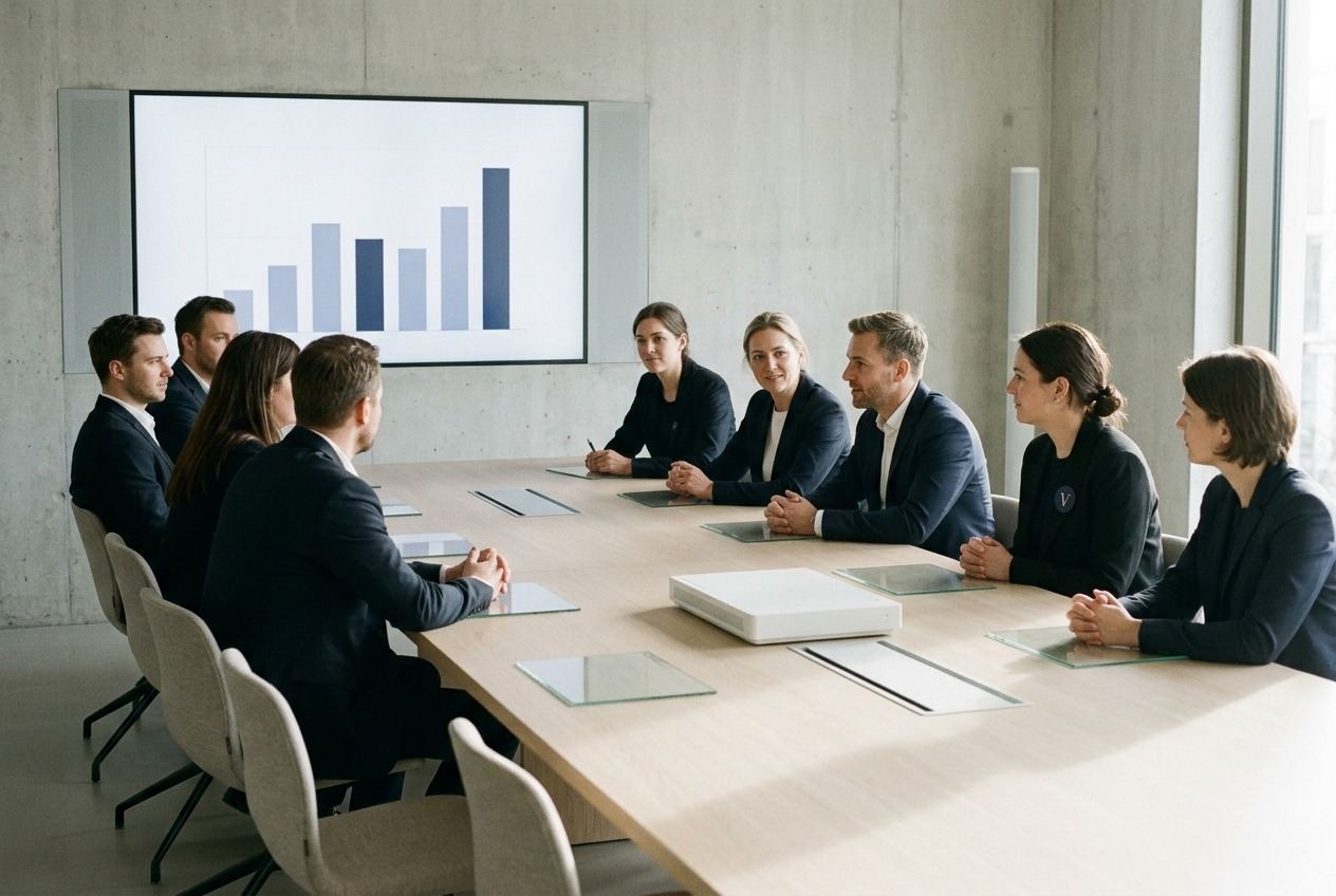 Colleagues along a long pale table before a seamless wall panel showing a restrained bar chart, with a slim recording column at the back of the room.