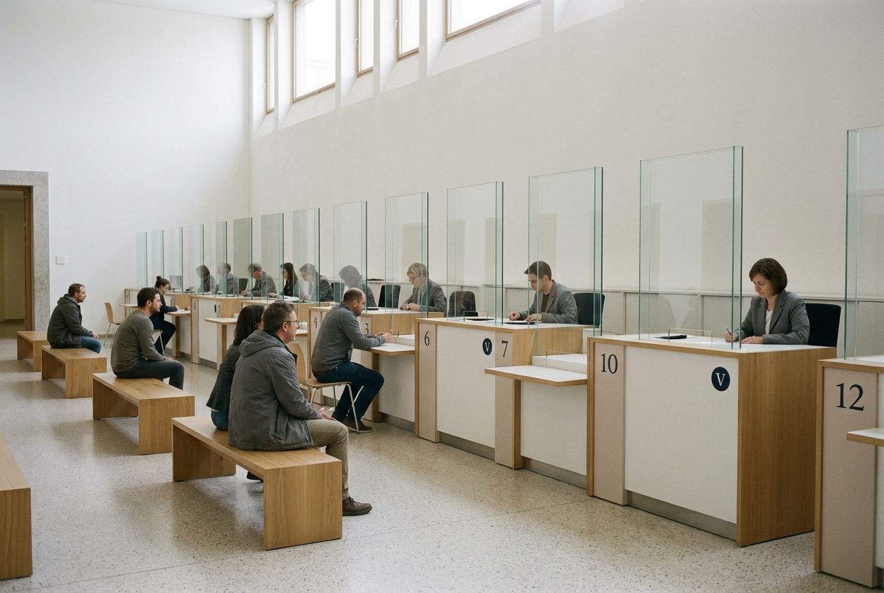 A public-service hall with numbered counters, clerks at work behind glass and people waiting on wooden benches.