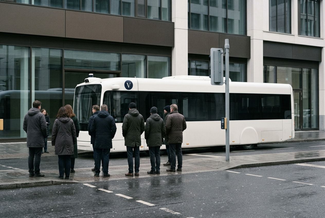 A wet high street with a low white driverless municipal bus, people waiting at a crossing and a marked sensor head on the signal pole.