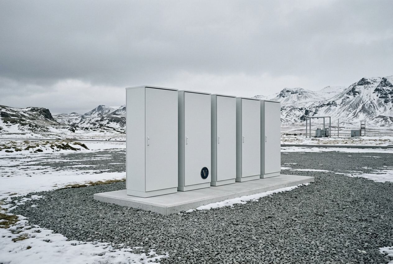 An outdoor switching yard under low winter cloud, older steelwork beside new sealed white cabinets.