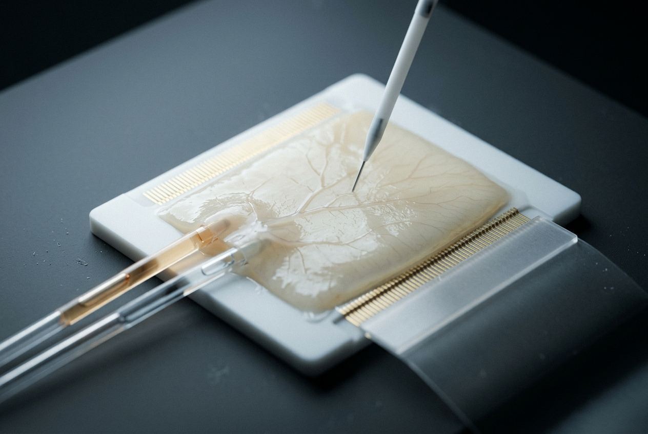 A pale translucent membrane bonded to a ceramic carrier with a fine needle tool above it.