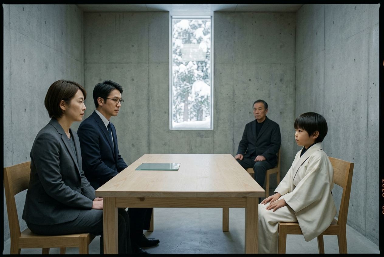 Two officials at a pale table facing a small boy in a white kimono, a supervisor seated apart at the end of the room.