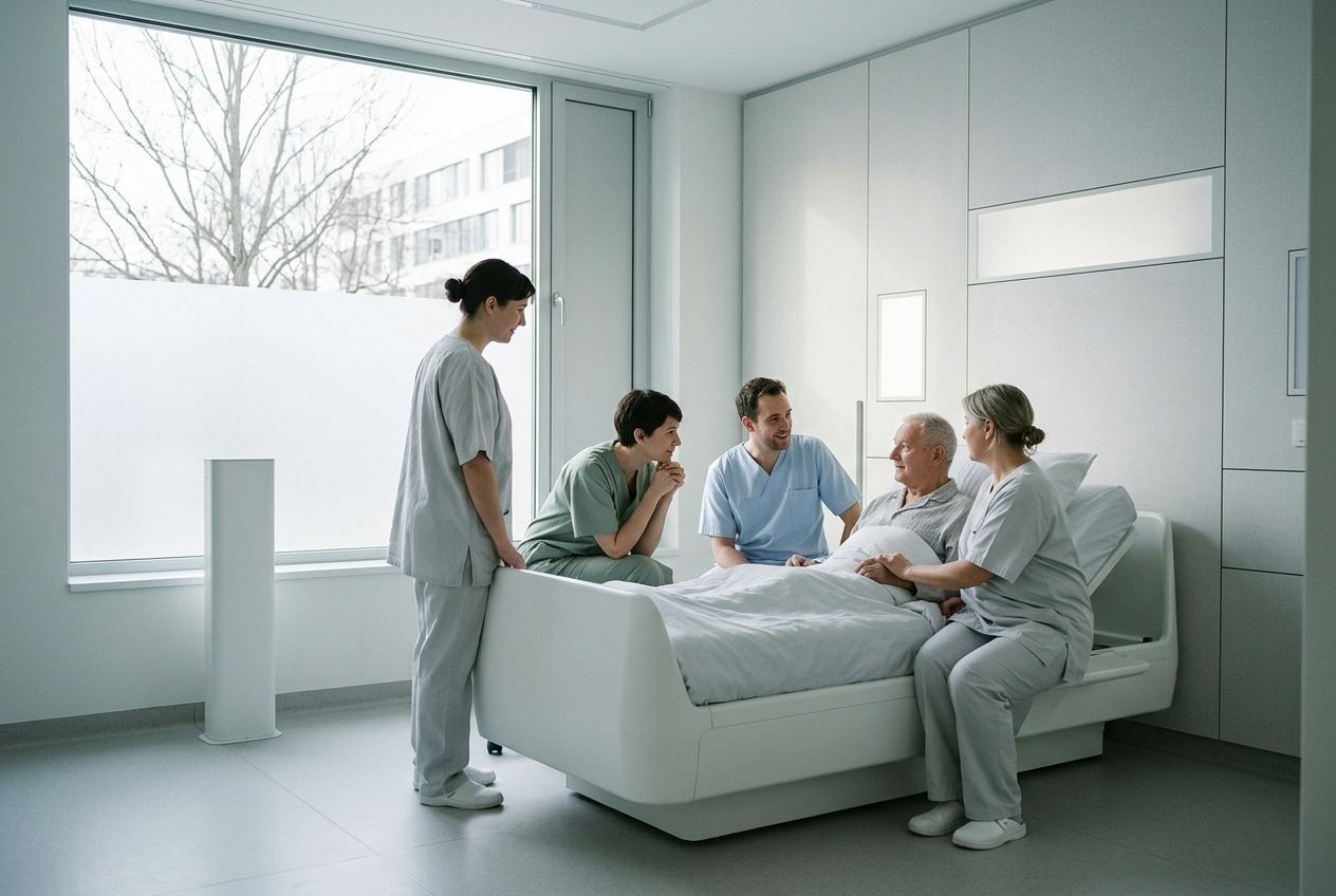 Four staff in pale clinical tunics at an elderly patient's bedside, beside a slim white monitoring column.